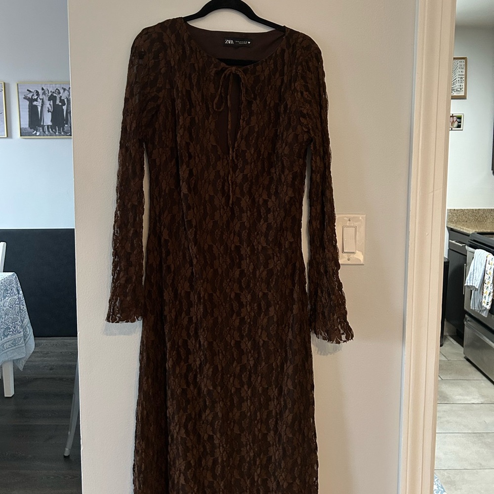 Zara Brown Long Sleeve Lace Dress - Size XL